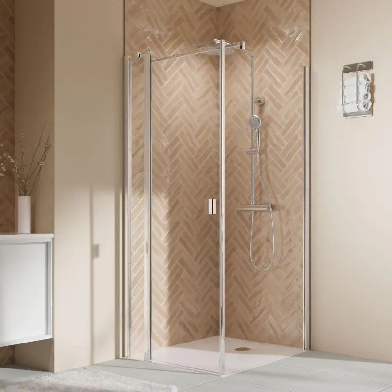 Breuer Elana 2.0 eckig Drehtür mit Festteil für Seitenwand oder Badewannen-SW (neben Wanne) Türanschlag links Klarglas hell 120 cm - Alu Chromeffekt Zertifiziert
