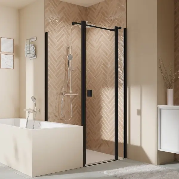 Schneller Versand Breuer Elana 2.0 eckig Black Edition Badewannenseitenwand für Drehtür oder Drehfalttür (neben Wanne) Wandanschlag links Klarglas hell mit DualPlus 90 cm - Schwarz matt