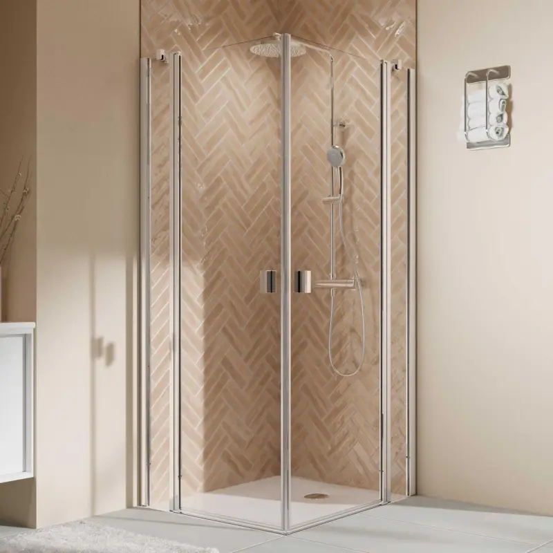 Breuer Elana 2.0 eckig Eckeinstieg Drehtür mit Festteil 4-teilig Klarglas hell 100 x 90 cm - Alu Chromeffekt Nur Heute