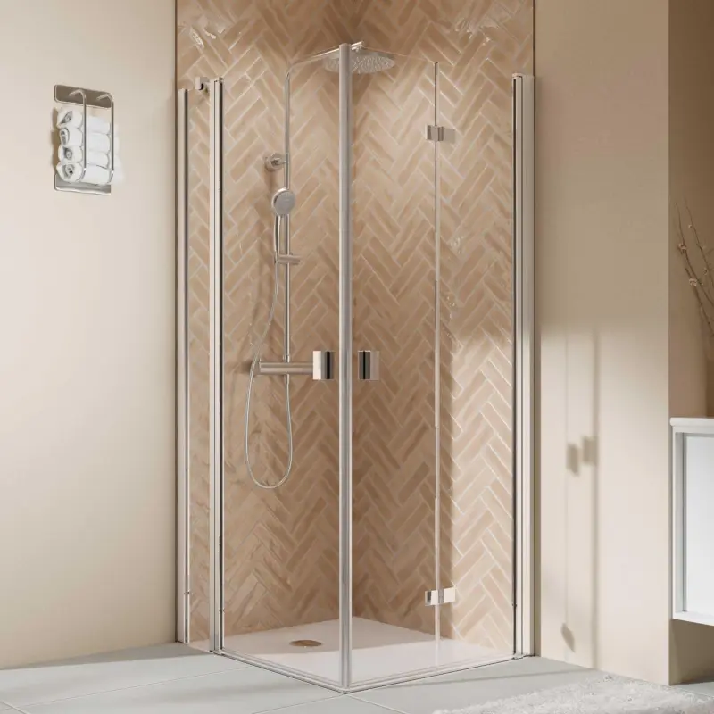 Bestseller Breuer Elana 2.0 eckig Eckeinstieg Kombination Drehfalttür rechts / Drehtür mit Festteil links Klarglas hell 80 x 80 cm - Alu Chromeffekt