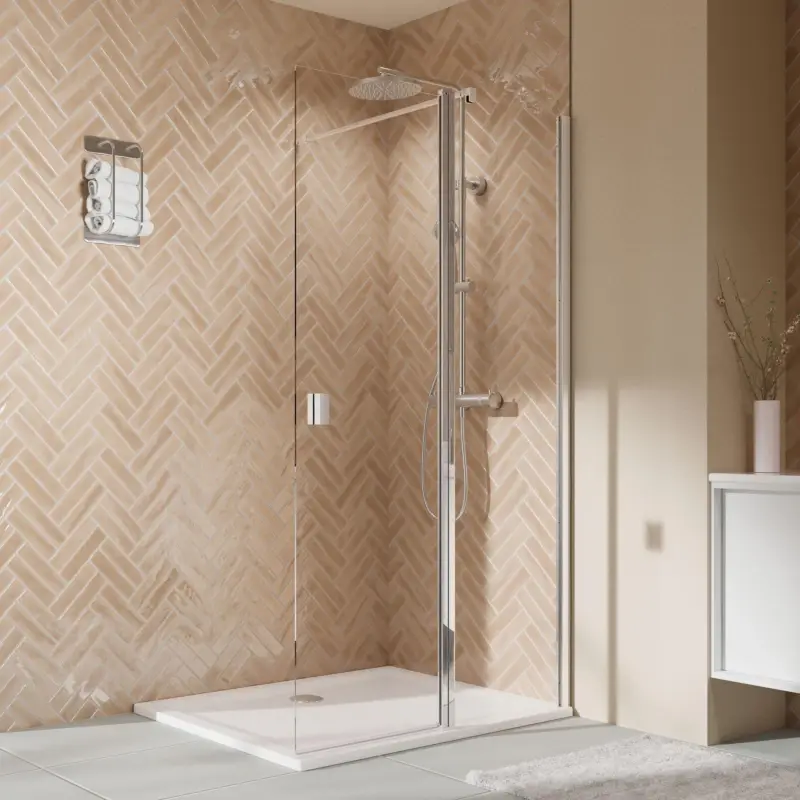 Neue Ware Breuer Elana 2.0 eckig Walk-In Duschwand mit beweglichem Element in Flucht Wandanschlag rechts Klarglas hell 120 cm - Alu Chromeffekt