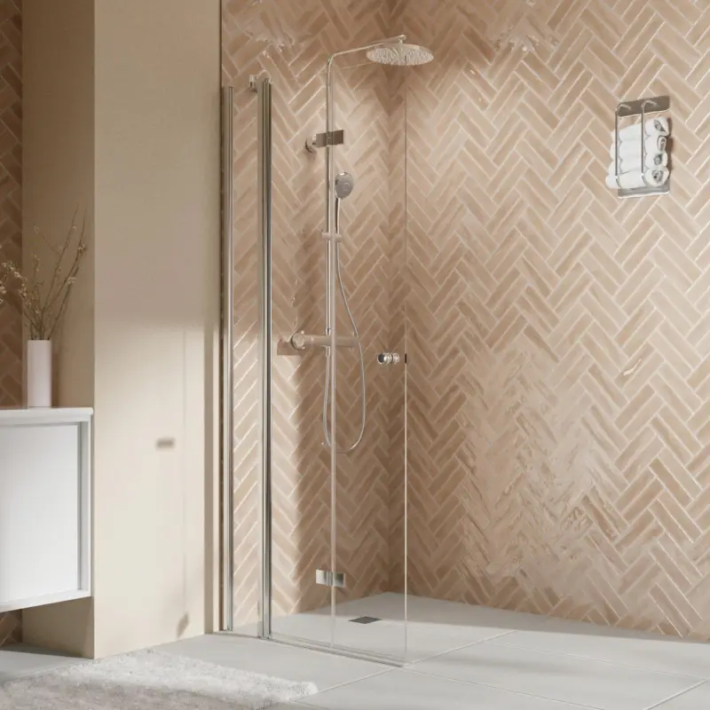 Breuer Elana 2.0 rund Walk-In Drehfalttür mit Festteil alleinstehend Türanschlag links Klarglas hell 120 cm - Alu Chromeffekt Saisonangebot