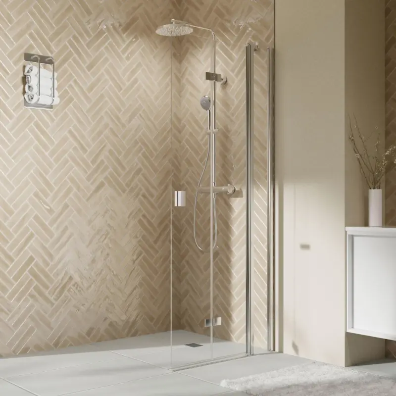 Sichere Zahlung Breuer Elana 2.0 eckig Walk-In Drehfalttür mit Festteil alleinstehend Türanschlag rechts Klarglas hell 120 cm - Alu Chromeffekt