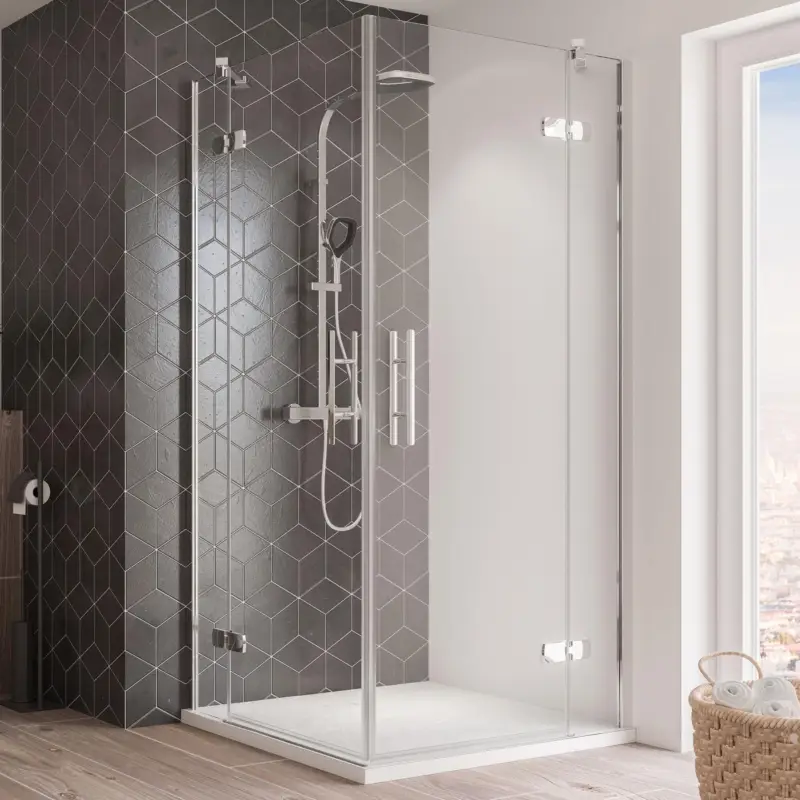 Bestpreis Breuer Avanta Eckeinstieg Drehtür mit Festteil 4-teilig Klarglas hell mit DualPlus 90 x 90 cm - Alu Chromeffekt