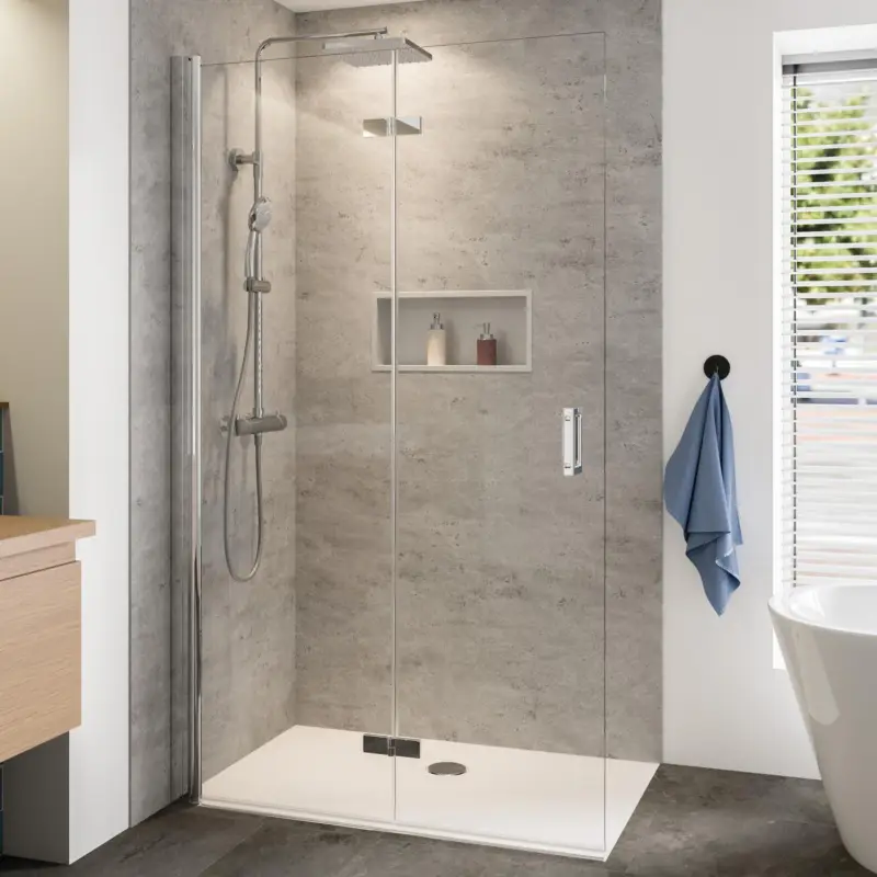 Breuer Panorama Walk-In Drehfalttür alleinstehend Türanschlag links Klarglas hell 90 cm - Alu Chromeffekt Online Kaufen