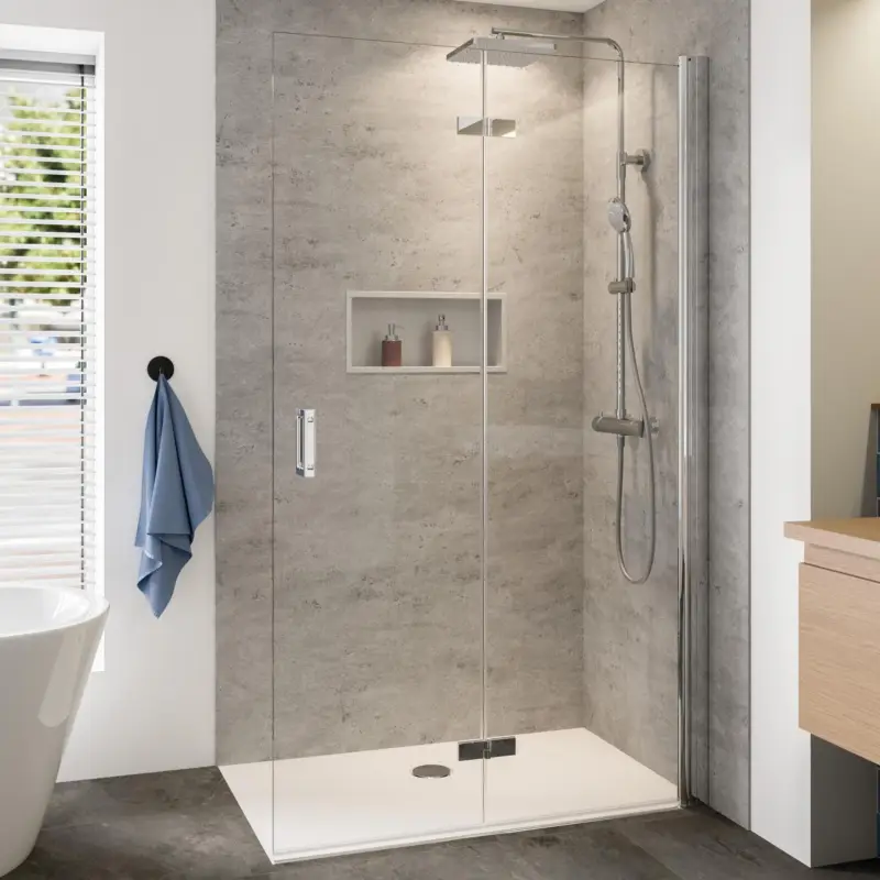 Markenware Breuer Panorama Walk-In Drehfalttür alleinstehend Türanschlag rechts Klarglas hell 90 cm - Alu Chromeffekt