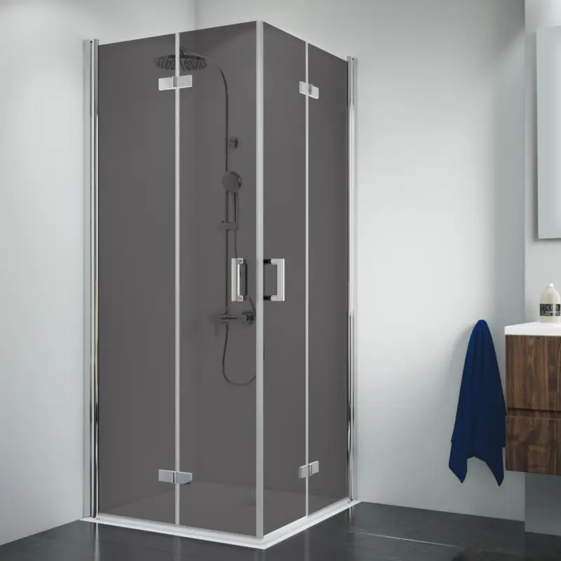 Saisonangebot Breuer Panorama Eckeinstieg Drehfalttür 4-teilig Grau getönt 75 x 75 cm - Alu Chromeffekt