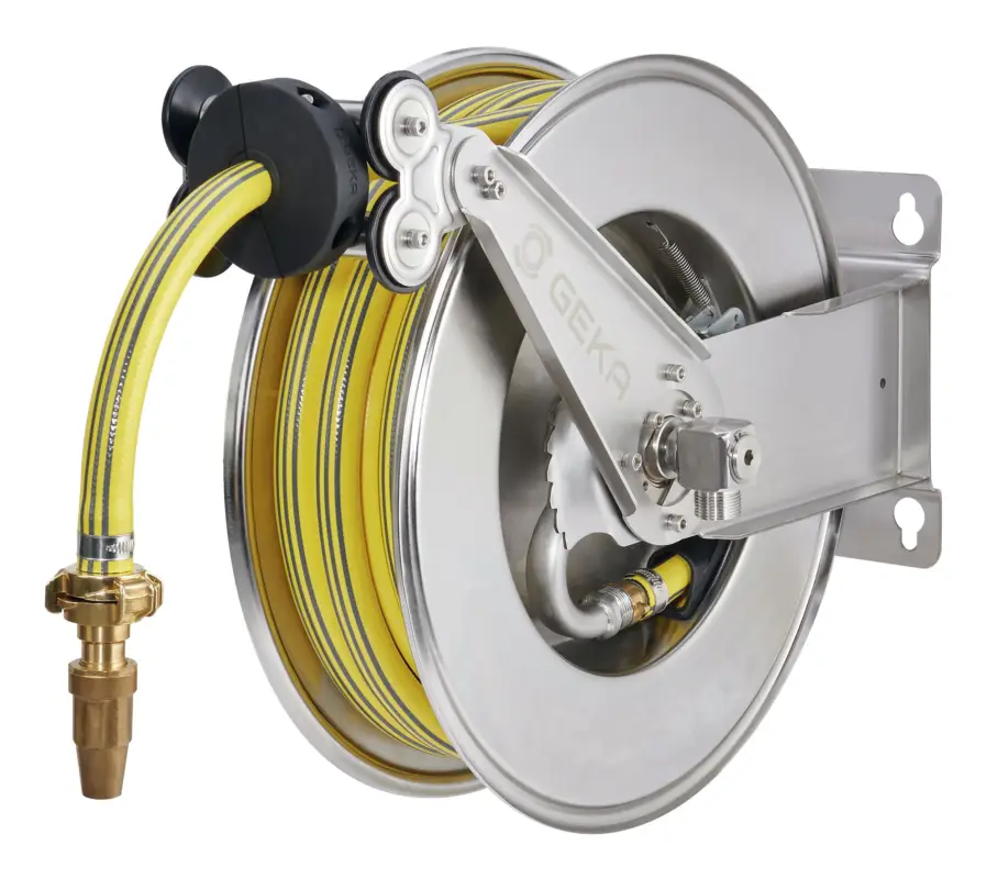 Expressversand Geka plus automatischer Schlauchaufroller EA15SK, Edelstahl, inkl. 12,5m PVC-Schlauch 3/4" & Arm.