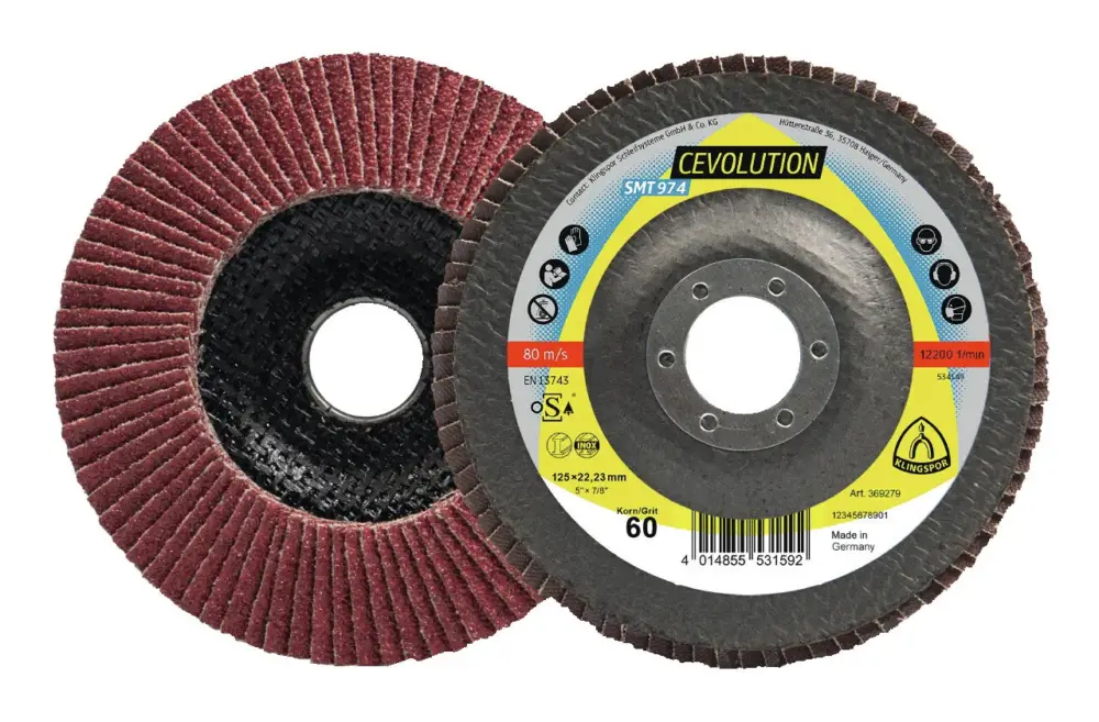 Rabatt Klingspor Fächerschleifscheibe SMT 974 125 x 22,23 mm gewölbt K60 Keramikkorund K60