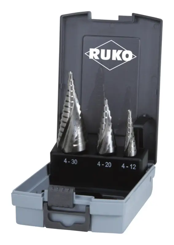 Ruko Stufenbohrer-Satz HSS spiralgenutet 3-teilig 4-12/4-20/4-30 mm, Kunststoff-Kassette Preisknaller