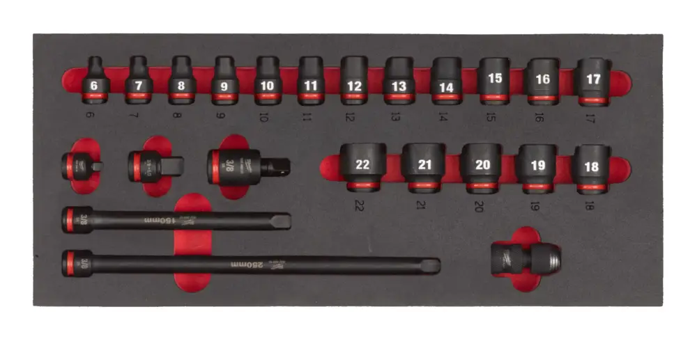 Begrenztes Angebot Milwaukee Shockwave Schlagnüsse 3/8" in Einlage für Werkstattwagen - 23-teilig