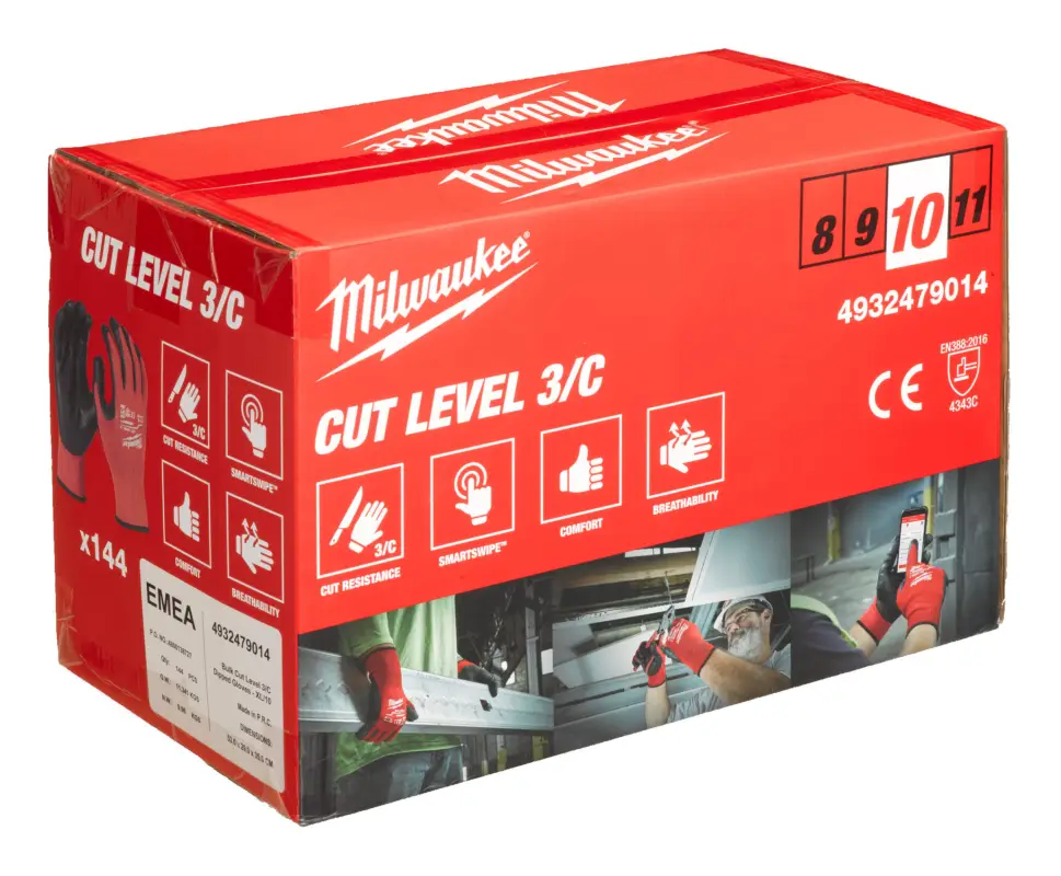 Milwaukee Schnittschutzhandschuhe Klasse 3/C, Größe 10 (XL) - 144er Pack (Verpackungseinheit 1 Paar) Expressversand
