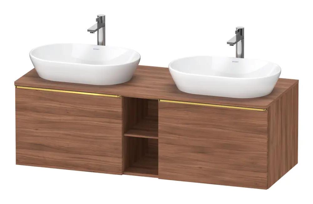 Duravit D-Neo Konsolenwaschtischunterschrank für 2 Becken mit 2 Auszügen und 2 Fächern Griff Gold Poliert 1400 x 459 x 550 mm - Nussbaum Matt Aktuell