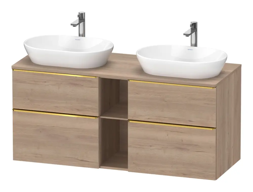 Duravit D-Neo Konsolenwaschtischunterschrank für 2 Becken mit 4 Auszügen und 2 Fächern Griff Gold Poliert 1400 x 644 x 550 mm - Eiche Marmoriert Matt Abverkauf
