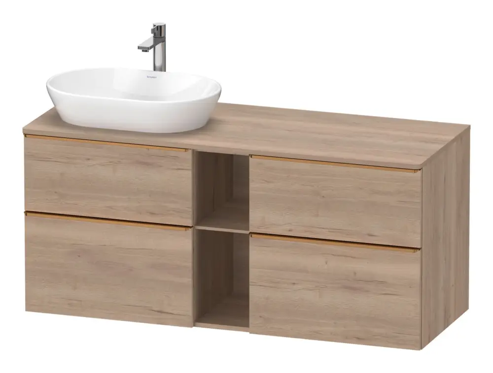 Must-Have Duravit D-Neo Konsolenwaschtischunterschrank für Becken links mit 4 Auszügen und 2 Fächern Griff Bronze Gebürstet 1400 x 644 x 550 mm - Eiche Marmoriert Matt