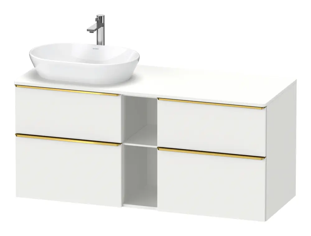 Duravit D-Neo Konsolenwaschtischunterschrank für Becken links mit 4 Auszügen und 2 Fächern Griff Gold Poliert 1400 x 644 x 550 mm - Weiß Matt Neu Im Sortiment