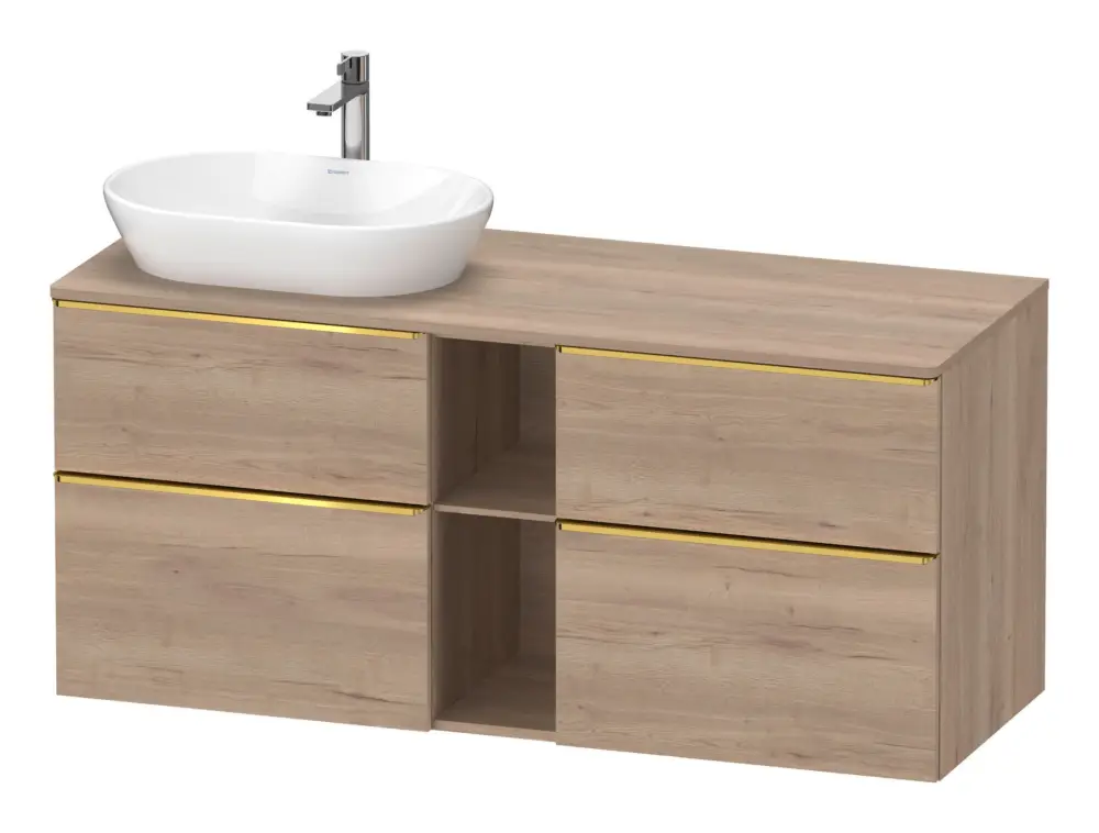 Sale Duravit D-Neo Konsolenwaschtischunterschrank für Becken links mit 4 Auszügen und 2 Fächern Griff Gold Poliert 1400 x 644 x 550 mm - Eiche Marmoriert Matt