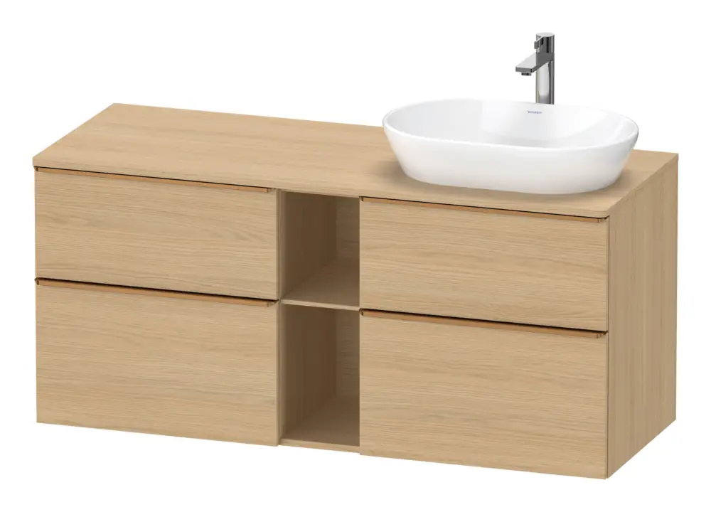 Neue Ware Duravit D-Neo Konsolenwaschtischunterschrank für Becken rechts mit 4 Auszügen und 2 Fächern Griff Bronze Gebürstet 1400 x 644 x 550 mm - Eiche Natur Matt