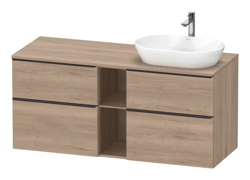 Duravit D-Neo Konsolenwaschtischunterschrank für Becken rechts mit 4 Auszügen und 2 Fächern Griff Diamantschwarz Matt 1400 x 644 x 550 mm - Eiche Marmoriert Matt Sonderaktion