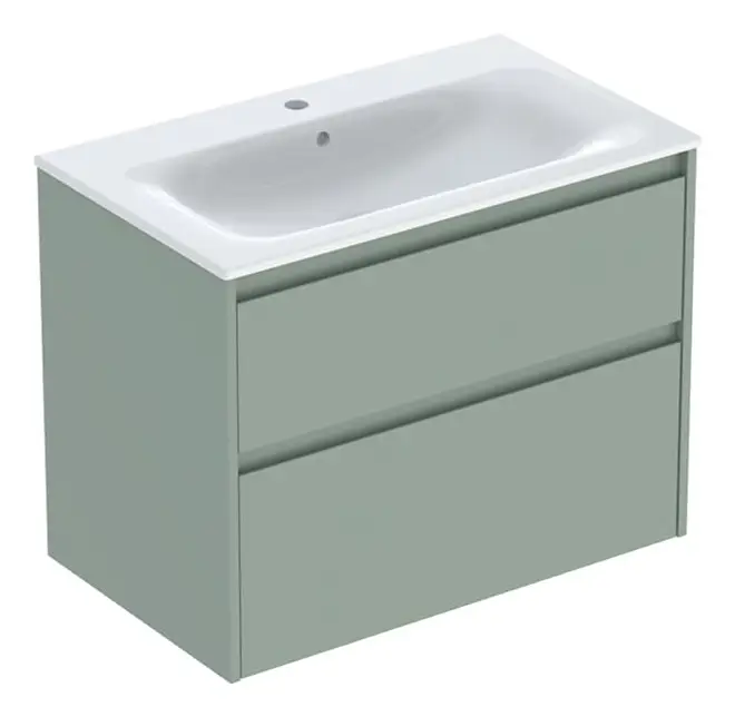 Neuheit Geberit Renova Plan Komplett-Set mit 2 Schubladen 800 x 621 x 480 mm - Salbeigrün lackiert seidenmatt mit KeraTect
