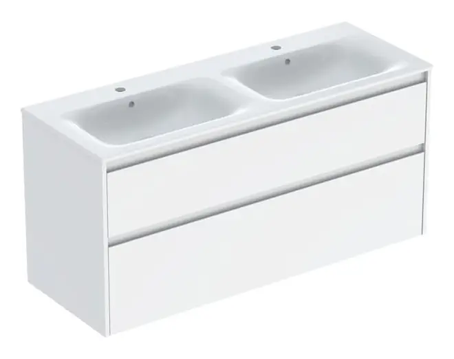 Wochenendangebot Geberit Renova Plan Komplett-Set mit Doppelwaschtisch mit 2 Schubladen 1300 x 621 x 480 mm - Weiß lackiert seidenglanz mit KeraTect