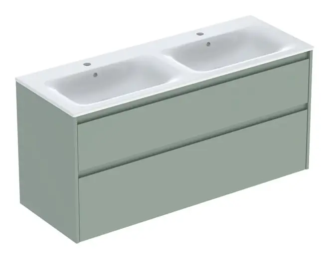 Geberit Renova Plan Komplett-Set mit Doppelwaschtisch mit 2 Schubladen 1300 x 621 x 480 mm - Salbeigrün lackiert seidenmatt Mega-Angebot
