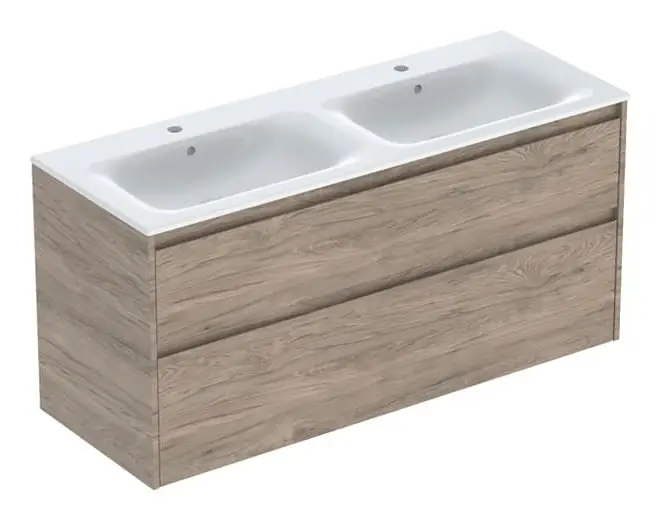 Rabatt Geberit Renova Plan Komplett-Set mit Doppelwaschtisch mit 2 Schubladen 1300 x 621 x 480 mm - Nussbaum hickory mit KeraTect