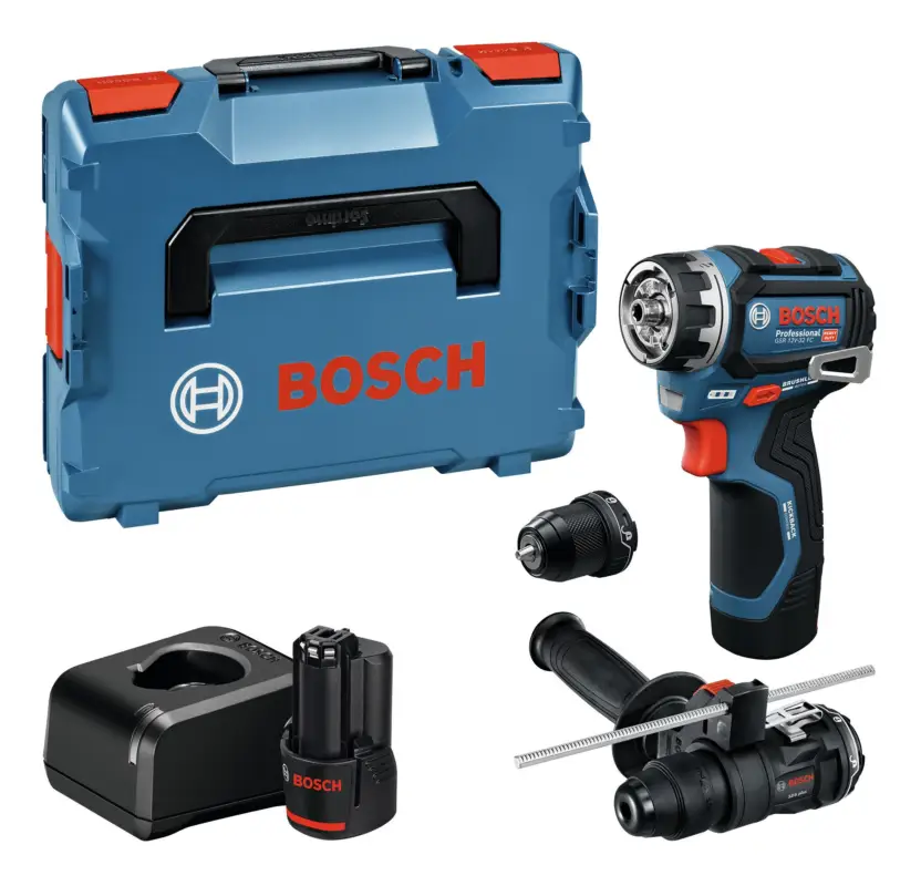 Bosch Professional Akku-Bohrschrauber GSR 12V-32 FC mit 2x Akku 2 Ah, Aufsatz, Zusatzhandgriff & Tiefenanschlag - in L-BOXX 102 Bestpreis