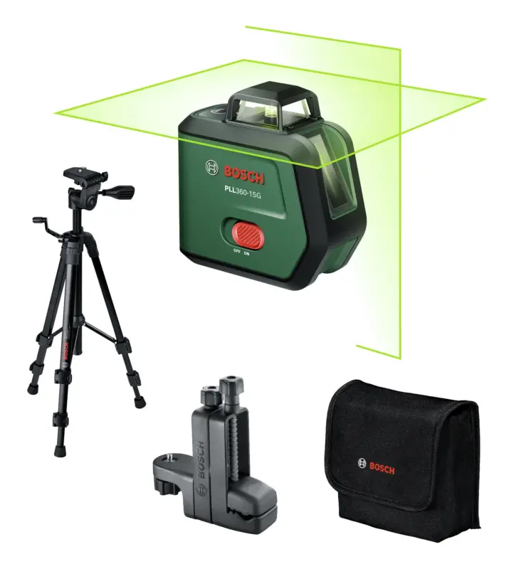 Top-Preis Bosch Kreuzlinien-Laser PLL360-15G Premium Set mit 1x Akku 3,6V 2 Ah, Stativ TT 120 & Universalklemme MM 3 - in Tasche