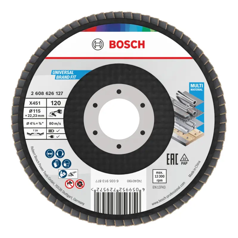 Ausverkauf Bosch Line X451 Fächerschleifscheibe, 115 x 22,23 mm, K120, Z29 - 60er Pack (Verpackungseinheit 60 Stück)