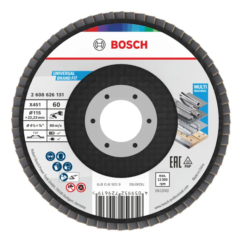 Bosch Line X451 Fächerschleifscheibe, 115 x 22,23 mm, K60, Z27 - 60er Pack (Verpackungseinheit 60 Stück) Direktkauf