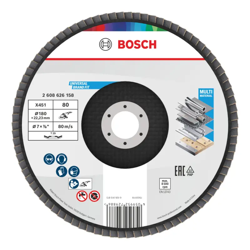 Bosch Line X451 Fächerschleifscheibe, 180 x 22,23 mm, K80, Z29 - 15er Pack (Verpackungseinheit 15 Stück) Preisreduziert