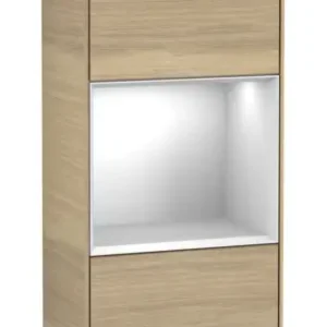 Knallerangebot Villeroy & Boch Finion Hochschrank Regal mittig 2 Türen Anschlag rechts mit Beleuchtung 418 x 270 x 1516 mm - Oak Veneer / White Matt Lacquer