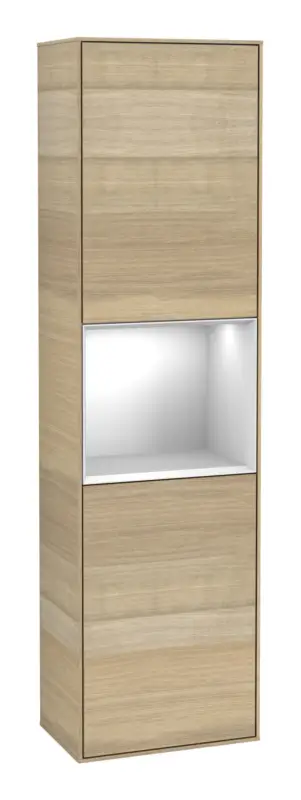 Knallerangebot Villeroy & Boch Finion Hochschrank Regal mittig 2 Türen Anschlag rechts mit Beleuchtung 418 x 270 x 1516 mm - Oak Veneer / White Matt Lacquer