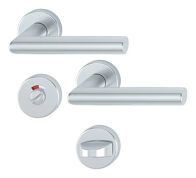 Neu Hoppe Amsterdam Aluminium-Rosetten-Türgriff-Garnitur 1400/42KV/42KVS mit Schlitzkopf/Olive und Rot/Weiß-Scheibe für Bad/WC-Türen - silberfarben