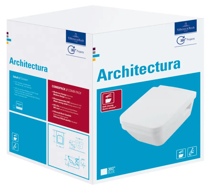 Villeroy & Boch Architectura Combi-Pack Toilette mit Spülrand Design Eckig Weiß Alpin Meistverkauft