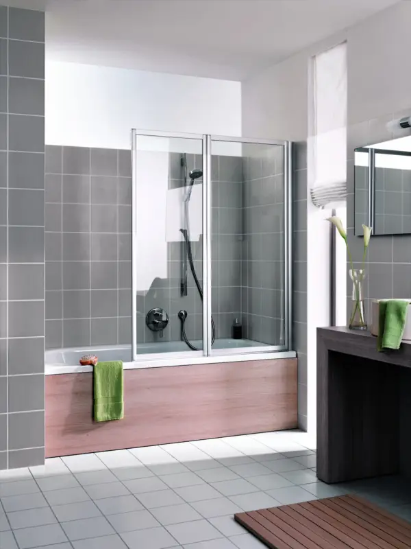 Kermi Vario 2000 Badewannenaufsatz Faltwand 2-flügelig Klarglas hell KermiClean Silber Mattglanz 115cm x 140cm Montage auf Badewanne Knallerangebot