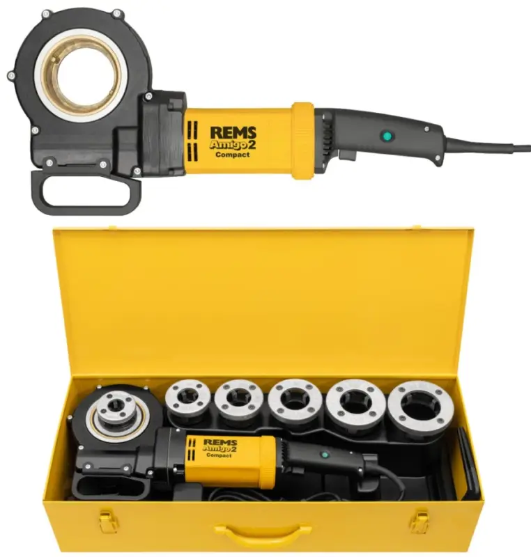 Rems 540024 R220 Amigo 2 Compact Set R 1/2-3/4-1 1/4-1 1/2-2 Elektryczny przecinak do drutu z szybkozłączką Solange Der Vorrat Reicht