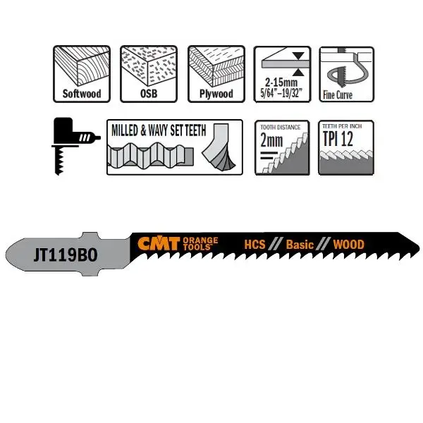 Highlight CMT JT119BO-5 Stichsägeblätter HCS T-Cut Wood 5 Stück