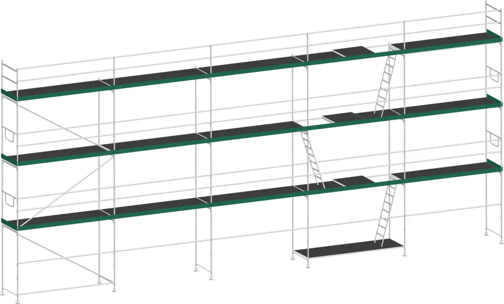 Geprüft MJ Gerüst UNI 70 Stahl mit Holzboden 123 m² - 15,00 x 8,20 m