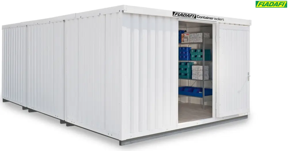 Ausverkauf FLADAFI Thermocontainer Kombination 4050 x 6520 x 2465 mm mit isoliertem Boden - 2-flügelige Tür auf