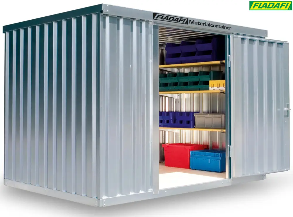 Preiswert FLADAFI Materialcontainer 3050 x 2170 x 2150 mm mit Holzboden - 1-flügelige Tür auf 2 m Seite