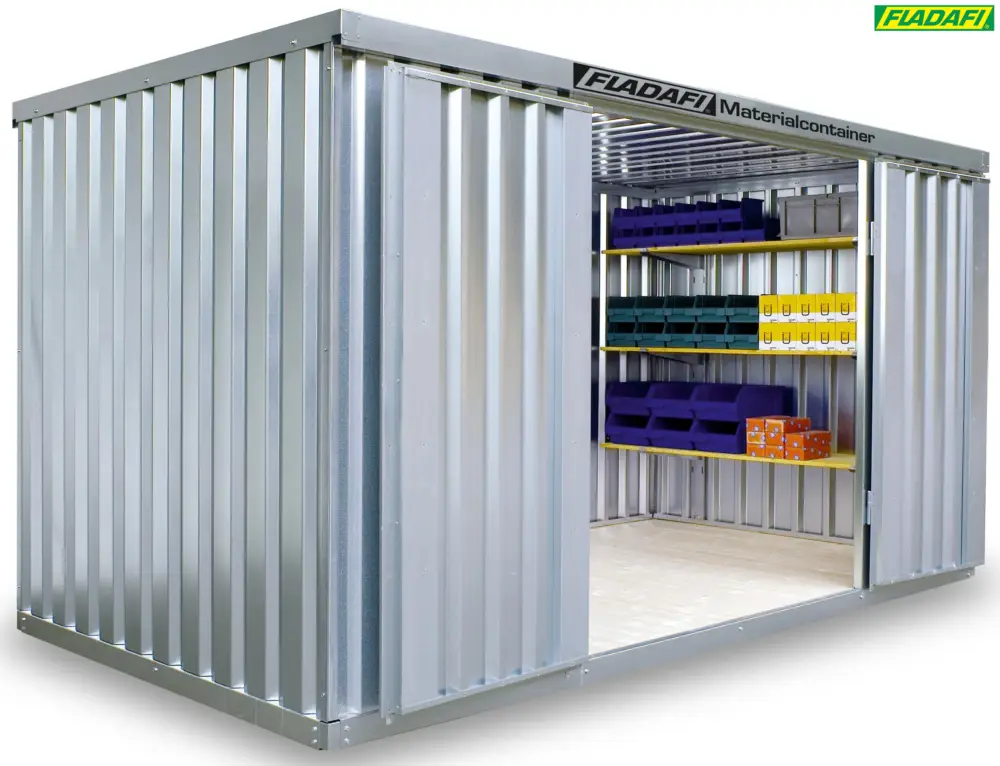 Garantierte Lieferung FLADAFI Materialcontainer 4050 x 2170 x 2150 mm mit Holzboden - 1-flügelige Tür auf 2 m Seite