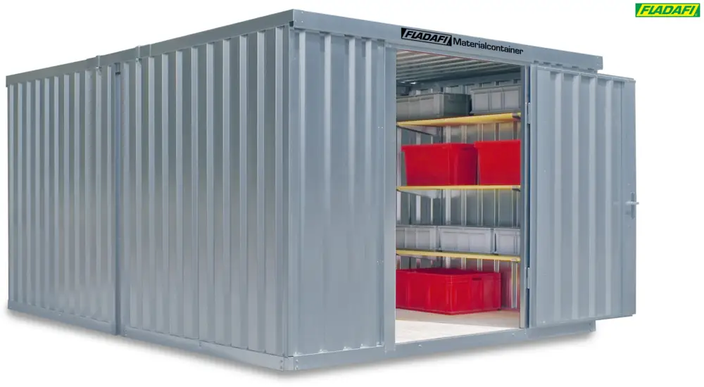 Letzte Chance FLADAFI Materialcontainer Kombination 3050 x 4340 x 2150 mm mit Holzboden - 2-flügelige Tür auf 4 m
