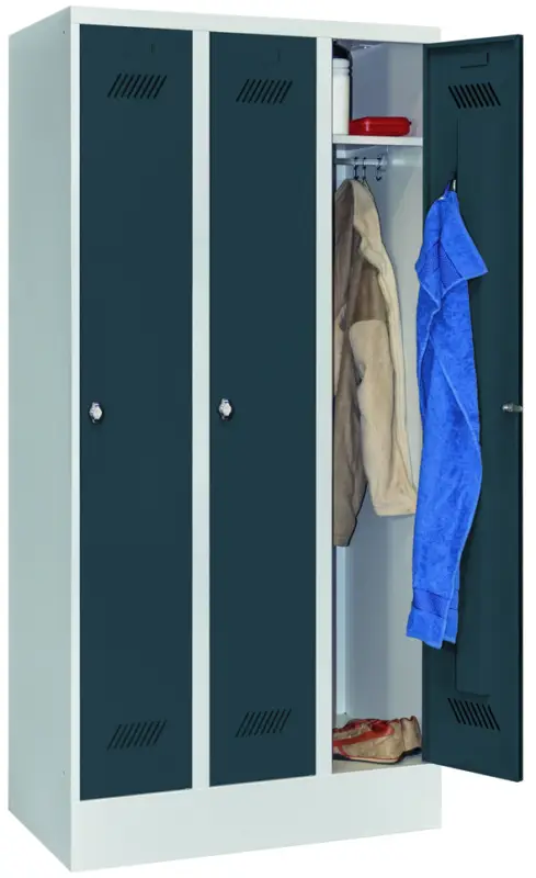 Pavoy Spind mit Sockel 1850 x 900 x 500 mm - 3 Abteile mit Drehriegel - RAL 7035 7016 Preisknaller