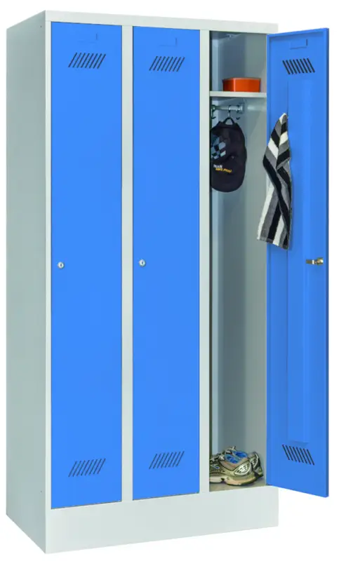 Pavoy Spind mit Sockel 1850 x 900 x 500 mm - 3 Abteile mit Zylinderschloss - RAL 7035 5012 Top-Seller