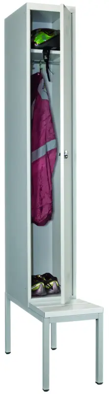 Ausverkauf Pavoy Spind mit Sitzbank PVC weiß 2150 x 300 x 500 mm - 1 Abteil mit Drehriegel - RAL 7035