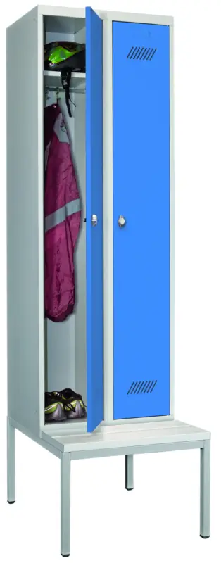 Pavoy Spind mit Sitzbank PVC weiß 2150 x 600 x 500 mm - 2 Abteile mit Drehriegel - RAL 7035 5012 Kracherpreis