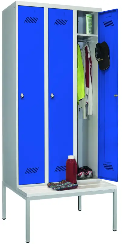 Letzte Chance Pavoy Spind mit Sitzbank PVC weiß 2150 x 900 x 500 mm - 3 Abteile mit Drehriegel - RAL 7035 5010