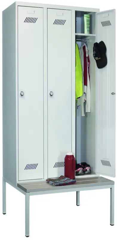 Pavoy Spind mit Sitzbank PVC hellgrau 2150 x 900 x 500 mm - 3 Abteile mit Drehriegel - RAL 7035 Billig